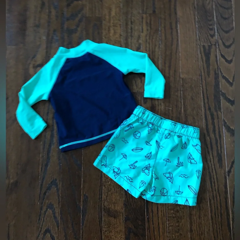 Carter’s Boys 6M Blue/Green Long-Sleeved Rash Guard & Swim Trunks 2-Piece Set